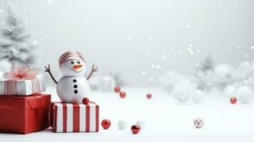 Kerstmis achtergrond met sneeuwman, winter decoratie. generatief ai. foto