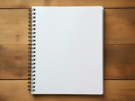 top visie van spiraal notitieboekje met potlood Aan houten tafel. emtry bladzijde voor tekst. generatief ai. foto