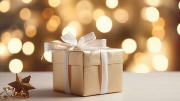 goud giftbox Aan bokeh achtergrond. generatief ai. foto