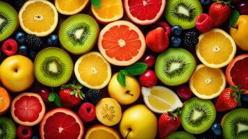 helder achtergrond met kiwi fruit, grapefruit en sinaasappelen. generatief ai. foto