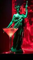 antiek standbeeld in neon licht met Manhattan cocktail modern concept achtergrond met een kopiëren ruimte foto