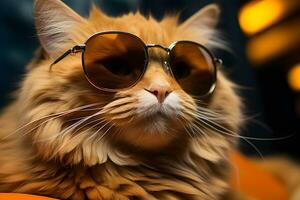 schattig kat vervelend zonnebril en ontspannende Aan oranje stoel. generatief ai illustratie. foto