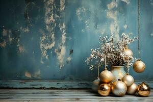 Kerstmis decoratie Aan grunge decoratief marine blauw donker stucwerk muur. geschenk dozen met kopiëren ruimte. generatief ai illustratie foto
