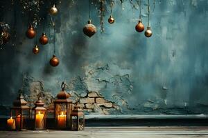 Kerstmis decoratie Aan grunge decoratief marine blauw donker stucwerk muur. geschenk dozen met kopiëren ruimte. generatief ai illustratie foto