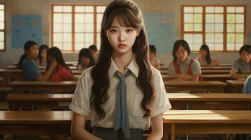 Koreaans meisje Bij school. tekenfilm stijl. mooi Aziatisch tiener meisje. foto