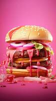 heerlijk roze hamburger geïsoleerd Aan roze achtergrond. een uniek roze saus foto