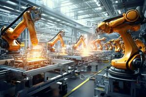 industrieel lassen robot arm in productie lijn fabricage plant, geautomatiseerd robot arm bijeenkomst lijn fabricage foto