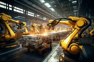 industrieel lassen robot arm in productie lijn fabricage plant, geautomatiseerd robot arm bijeenkomst lijn fabricage foto