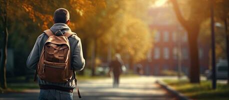 college leerling wandelen naar Universiteit campus onderwijs banier concept foto