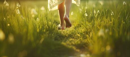 gelukkig kind rennen blootsvoets buitenshuis Aan groen gras Bij zonsondergang vertegenwoordigen de concept van een blij kinderjaren foto