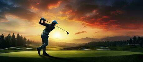 mannetje golfspeler swinging club zonsondergang in achtergrond leeg copyspace foto