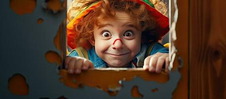 kind spelen Bij huis op zoek door karton gat april dwaas s concept foto