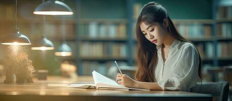 Aziatisch vrouw leerling aan het studeren en schrijven in bibliotheek foto