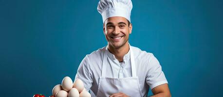 chef of koken voorbereidingen treffen voedsel door slaan eieren in een kom geïsoleerd Aan blauw achtergrond foto