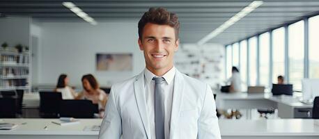 glimlachen zakenman in modern kantoor met tekst ruimte foto