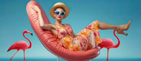 vrouw genieten van zomer vakantie Aan strand ontspannende in lounge stoel met flamingo rubber ring dichtbij foto