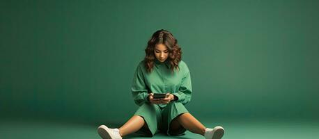 elegant meisje in groen kleren gebruik makend van smartphone zittend Aan verdieping resting Aan geel achtergrond Holding telefoon en op zoek terzijde foto