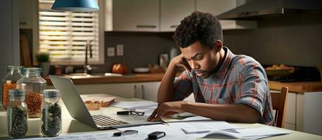 zwart midden- oud Mens gefrustreerd over- financieel crisis beheren onkosten met laptop en rekenmachine in keuken foto