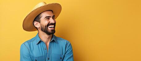 een glimlachen Mens in een blauw overhemd met een baard staand alleen Aan een geel oranje muur achtergrond levensstijl concept kopiëren ruimte beschikbaar hij is Holding zijn h foto