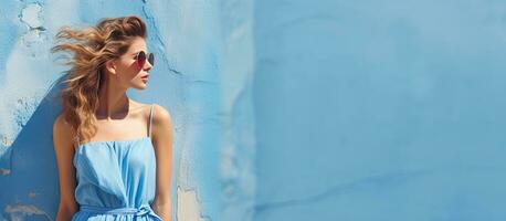 zomer portret van een vrouw in een zonnejurk Aan een blauw stedelijk achtergrond foto