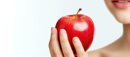 Kaukasisch kind bijten rood appel Aan wit achtergrond extra breed banier foto