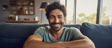 vrolijk midden- oud Mens in gewoontjes kleding zittend Aan sofa glimlachen en op zoek Bij camera foto