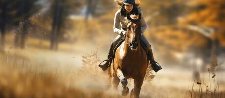 in diepte afbeelding van een sport erbij betrekken een snel rennen paard en een jong vrouw atleet foto