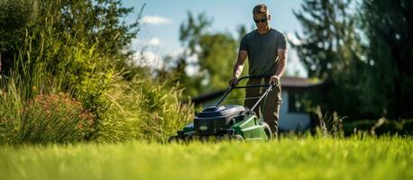 een professioneel tuinman neigt naar de gras in een mooi tuin gebruik makend van een grasmaaier foto