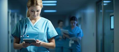 digitaal tablet wezen gebruikt door een verpleegster met uitgebreid kamer voor tekst foto