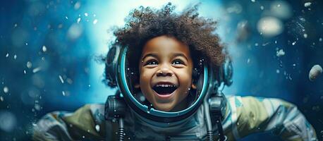 gelukkig weinig zwart jongen met een eigengemaakt raket spelen astronaut met wit handgemaakt sterren Aan een blauw achtergrond uitdrukken kinderjaren creativiteit en afbeelding foto