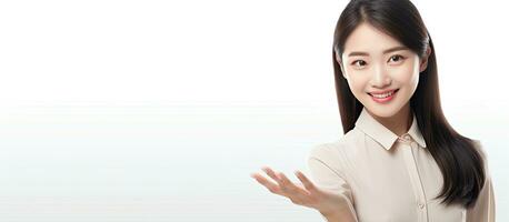 Aziatisch vrouw weergeven een Open hand- prompt met kamer voor Product Aan wit backdrop foto