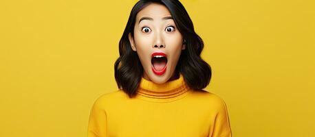 Aziatisch vrouw op zoek opgewonden tonen Product met expressief gelaats uitdrukkingen en presenteren mooi meisje aandelen een geheim Aan geel achtergrond foto