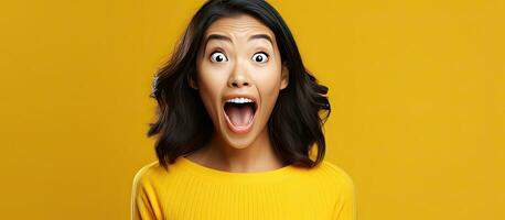Aziatisch vrouw op zoek opgewonden tonen Product met expressief gelaats uitdrukkingen en presenteren mooi meisje aandelen een geheim Aan geel achtergrond foto