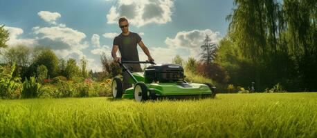 een professioneel tuinman neigt naar de gras in een mooi tuin gebruik makend van een grasmaaier foto