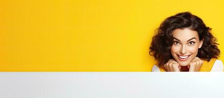 brunette vrouw gluurt van wit bord staat achter geel achtergrond aanplakbord voor uw tekst of ontwerp foto