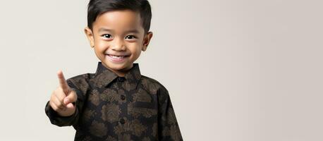 gelukkig mooi meisje van Indonesië of Azië vervelend zwart batik kleding richten omhoog en glimlachen terwijl op zoek Bij kopiëren ruimte inhoud met Product Aan wit foto