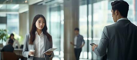 twee collega's een van hen jong en Aziatisch hebben een gesprek in een kantoor gebouw twee bedrijf professionals wandelen en bespreken werk vragen foto