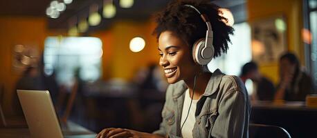 zwart meisje aan het studeren online met laptop en hoofdtelefoons in een cafe gelukkig en nemen aantekeningen foto