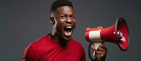 energiek zwart Mens met megafoon opgewonden reclame over- grijs achtergrond foto