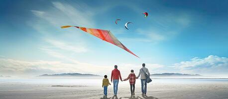 familie generaties vliegend vlieger Aan winter strand foto