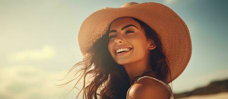 gelukkig vrouw chillen Bij tropisch strand gedurende zomer vakantie portret van bruinen meisje Bij zee met kamer voor tekst jong vrouw glimlachen en staren in de dis foto