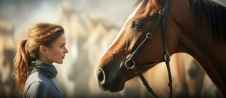 composiet foto van Kaukasisch Dames vrienden met paarden pratend Aan een boerderij vertegenwoordigen saamhorigheid dieren en ruiter sport- wedstrijd