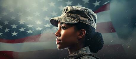 Afrikaanse Amerikaans vrouw soldaat vieren veteranen dag en wezen bedankt voor haar onderhoud composiet beeld met leger thema foto
