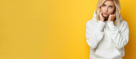 een nadenkend blond vrouw in een wit sweater verschijnen verdrietig op zoek naar leeg ruimte Aan een geel studio backdrop foto