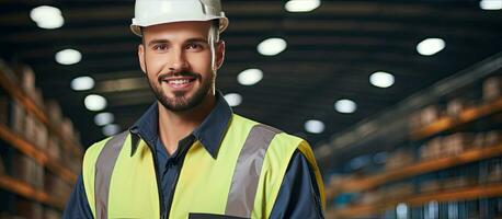 composiet beeld van een veiligheid bewust midden volwassen mannetje manager vervelend werk kleren in een magazijn portret met kopiëren ruimte scherpstellen Aan industrie bescherming foto