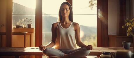 yoga meisje mediteert Bij huis in ochtend- beginnend gezond dag foto