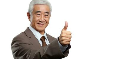 ouderen Aziatisch zakenman in pak gelukkig points vinger Bij leeg ruimte voor Promotie of advertentie foto