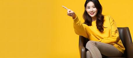 jong Aziatisch vrouw richten omhoog gelukkig geïsoleerd Aan geel achtergrond met ruimte voor tekst foto