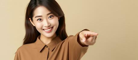 glimlachen Aziatisch vrouw in bruin overhemd points naar blanco ruimte foto