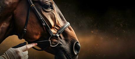 paard racing concept inclusief dichtbij omhoog van hand- Holding paard in stal met kopiëren ruimte foto